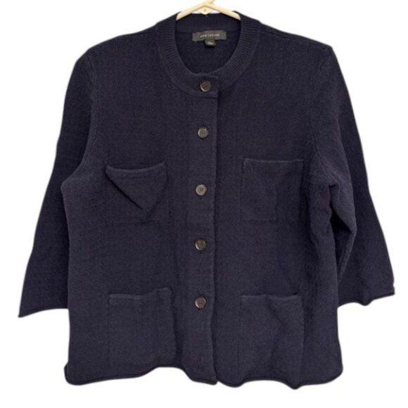 Ann Taylor navy blue quarter sleeves textured blazer/cardigan sweater size L - Picture 2 of 6